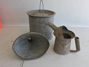 lot 393 image: Galvanized Steel Minnow Bucket, Funnel, and Oil Can