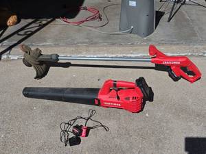 lot 414 image: Craftsman 20V Battery Powered Leaf Blower and String Trimmer Combo with 2 Batteries and Charger Untested