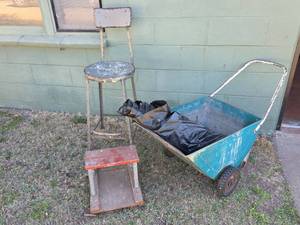 lot 540 image: Metal Garden Cart, Shop Stool, and Creeper Stool