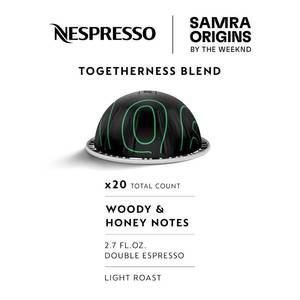 lot 1339 image: Nespresso I Samra Origins by The Weeknd Vertuo Togetherness Blend, Double Espresso, Light Roast, 10-Count Coffee Pods, Brews 2.7 fl. Oz.