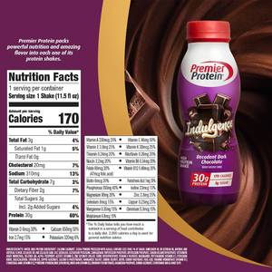 lot 1415 image: Premier Protein Shake INDULGENCE, Decadent Dark Chocolate, 30g Protein, 170 Calories, 3g Sugar, 11.5 fl oz, 4 pack