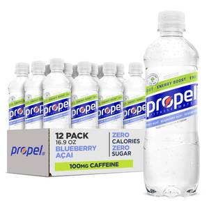 lot 1459 image: Propel Energy Boost Zero Calorie Flavored Water With Electrolytes and Caffeine, Blueberry Acai, 16.9 fl oz Bottles (12 Pack) (EXP MAR.02.26)