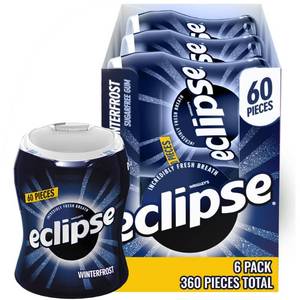 lot 1506 image: ECLIPSE Winterfrost Sugar Free Chewing Gum Bulk Pack, 60 Piece Bottle (Pack of 6)