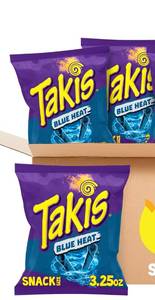 lot 1586 image: Takis Blue Heat 3 pc  3.25 oz Snack Size Case, Hot Chili Pepper Flavored Extreme Spicy Rolled Tortilla Chips