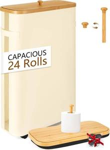 Toilet Paper Storage Basket - with Built-in Toilet Paper Holder & Stretchable Handle Bamboo Lid - Slim Tall for Foldable Free Standing Organizer with Wheels - 47L Bathroom Storage Bag - Beige