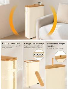 Toilet Paper Storage Basket - with Built-in Toilet Paper Holder & Stretchable Handle Bamboo Lid - Slim Tall for Foldable Free Standing Organizer with Wheels - 47L Bathroom Storage Bag - Beige