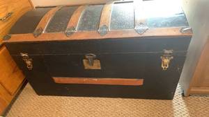 lot 1051 image: Early 1900s Travel Steamer Trunk with Ornate Metal Hardware