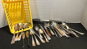 lot 1105 image: Small tub with silverware.  Some vintage