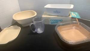 lot 1144 image: Corning ware loaf pan, microwave bowl and filters