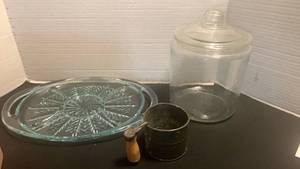 lot 1156 image: Serving platter, large glass jar and vintage sifter