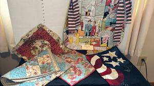 lot 1304 image: Handmade apronsmock, table runner, two unfinished pieces and two finished