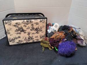 lot 1478 image: Black wicker sewing basket with craft supplies