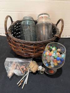 lot 1495 image: Jars, marbles basket and wind chimes