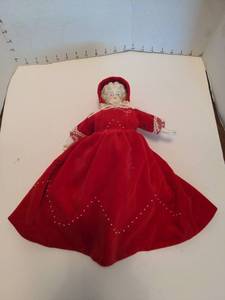 lot 1714 image: Mae Hembree Custom Made China Head Doll in Red Velvet
