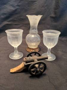 lot 1717 image: Antique sherry glasses with Cast Iron Civil War Cannon and vase with brass base