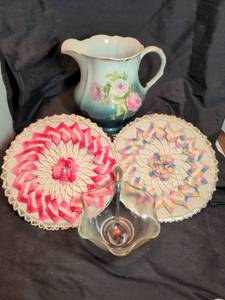 lot 1734 image: Hand painted pitcher, doilies, bowl and sugar spoon
