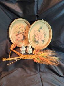 lot 1739 image: Floral framed prints with Porcelain Salt & Pepper Shakers