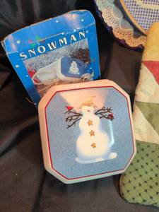 lot 1743 image: Christmas Snowman Box and Cardinal Quilt potholder  more