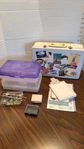 lot 1800 image: Travel-Themed Storage Box with Binder Clips and more office supplies