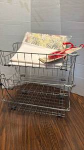 lot 1803 image: 3-Tier Wire Letter Tray Desk Organizer and Tissue Paper and Ribbon.