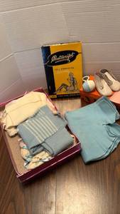 lot 1810 image: 1950s Postscript Nylon Stockings Box, Baby Clothes with Shoes and more.