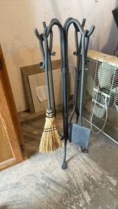 lot 2008 image: 5-Piece Black Iron Fireplace Tool Set with Broom
