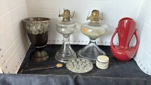 lot 2014 image: Two kerosene lamps, two vases and more