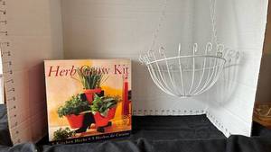 lot 2105 image: 5 Kitchen Herbs Growing Kit with Red Pots and a wire hanging basket