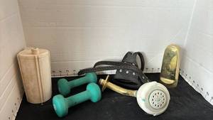 lot 2111 image: Shower head and faucet and weights and grippers