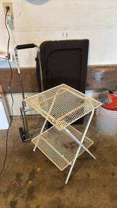 lot 2403 image: Metal Mesh 3-Tier Folding Utility Shelf with Luggage Cart