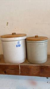 lot 2408 image: Ruckels 2-Gallon Stoneware Crocks with Lids