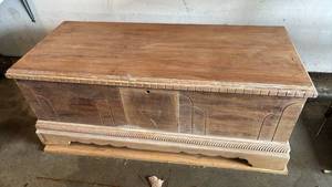 lot 2411 image: Cedar Chest 19x45x19 Needs Restoration finished and hardware. Some damage on one end.
