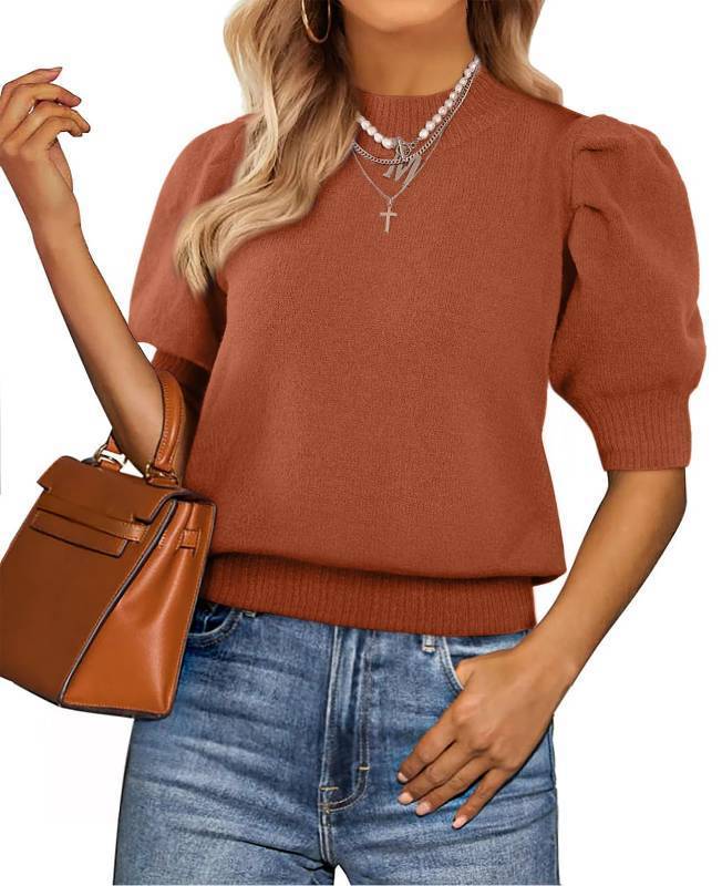 lot 28666 image: ATHMILE Womens Puff Short Sleeve Cozy Sweater Tops 2026 Spring Summer Fall Crew Neck Casual T Shirts Blouses A-Orange Medium
