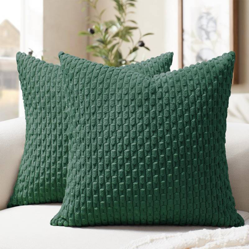 lot 54311 image: Softalker Throw Pillow Covers 18x18 Inch, Set of 2, Soft Corduroy Boho Stripe Decorative Pillow Cover, Couch Fluffy Pillow Cover for Farmhouse Home Decor Bed Living Room, Dark Green