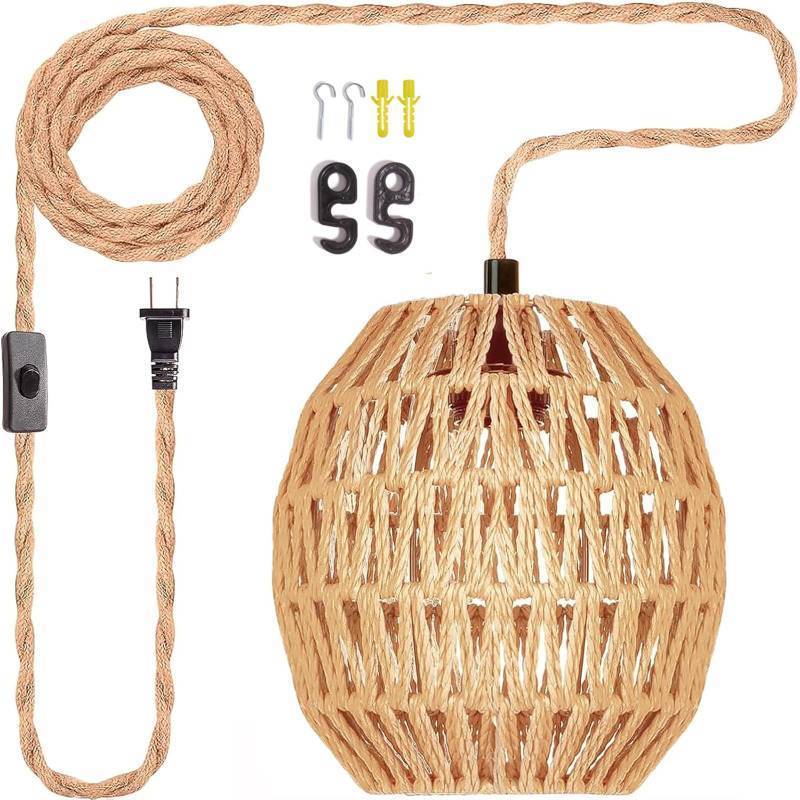 lot 24224 image: Maliralt Hanging Lamps Rattan Pendant Light Hanging Lights 16.4ft Plug in Cord Pendant Light Fixture Plug Into Wall Outlet Pendant Lighting with On Off Switch for Bedroom Living (Egg Shade)