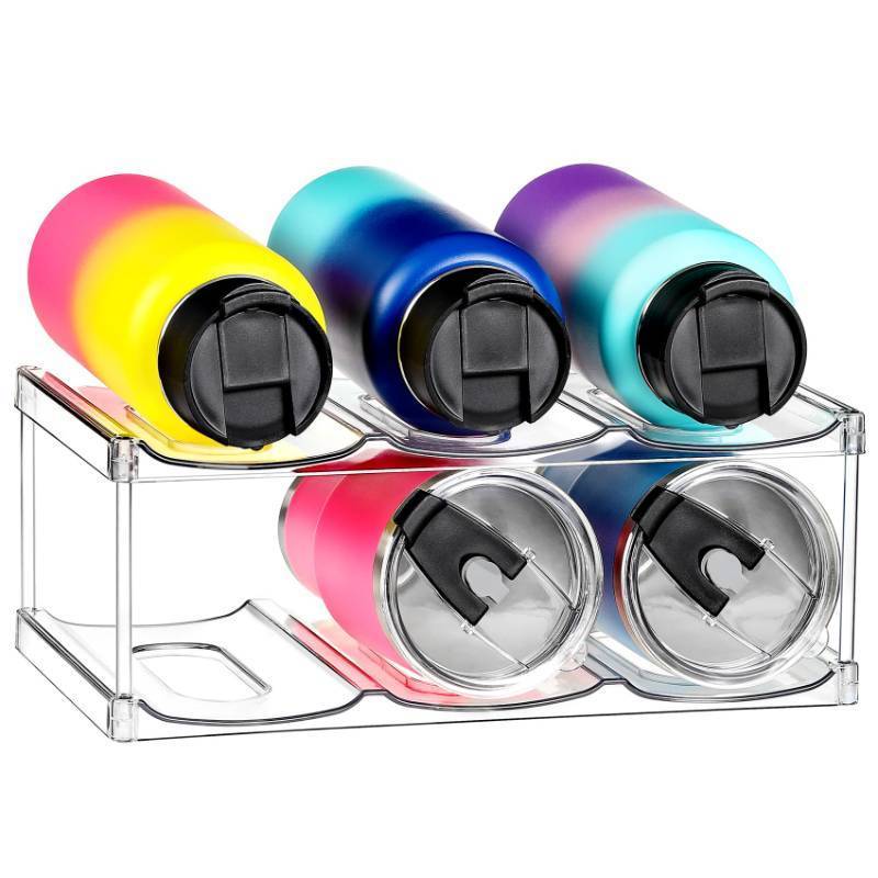 lot 24276 image: LARGER Compartment - Stackable Water Bottle Organizer Holder - for Stanley & Others Large Tumbler - Clear Wine Rack, Cup Bottle Holder for Cabinet Home Countertop Fridge Pantry Shelf, 2 Tier Hold 6