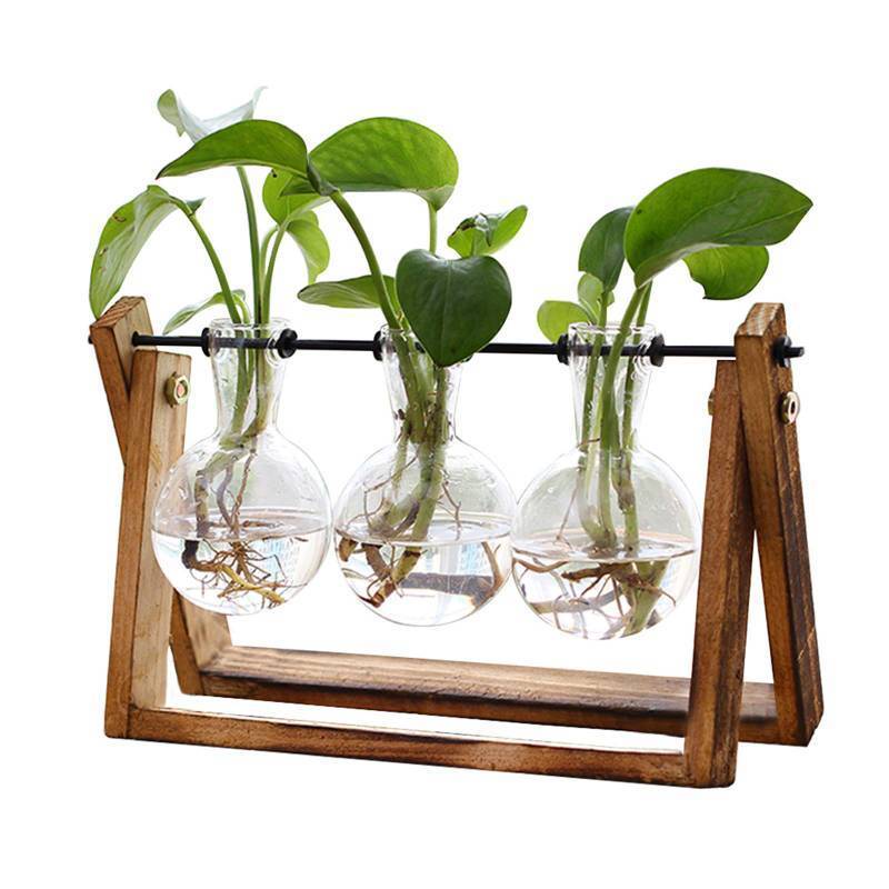 lot 24293 image: XXXFLOWER Plant Terrarium with Wooden Stand, Air Planter Bulb Glass Vase Metal Swivel Holder Retro Tabletop for Hydroponics Home Garden Office Decoration - 3 Bulb Vase - Retail $19