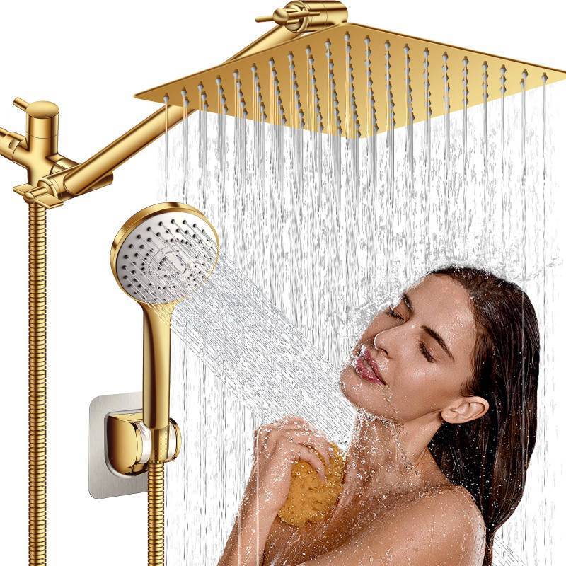 lot 24323 image: High Pressure Rainfall Shower HeadHandheld Shower Combo with 11 Adjustable Extension Arm, 5 Spray Settings Shower Heads with 60 Hose Anti-leak (Gold), 10 - Retail $66