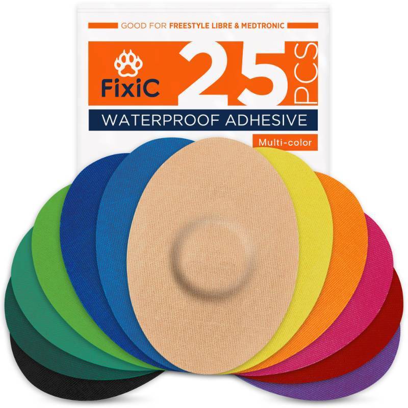 lot 29767 image: Fixic Freestyle Adhesive Patches 25 PCS Good for Libre 1, 2, 3 & Plus G7 & Stelo Guardian Waterproof Adhesive Bandages Pre-Cut Back Paper Long Fixation for Your Sensor (Multi-Color) - Retail $17