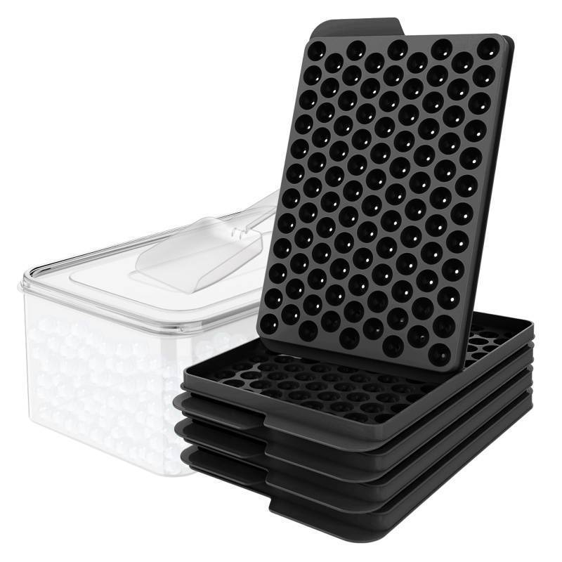lot 48524 image: WIBIMEN Mini Ice Cube Trays, 0.55 Tiny Pebble Ice for Iced Coffee & Cocktails, Fast Chill, Easy Twist Release, Stackable with Lid & Storage Bin (4 Pack, Black) - Retail $21