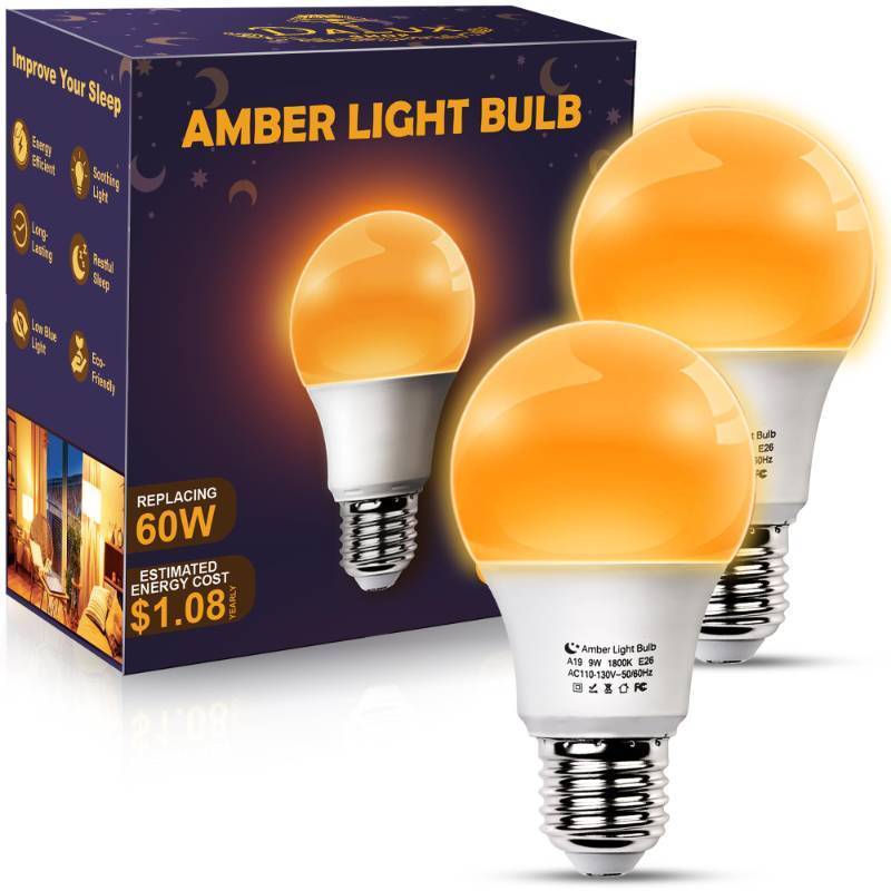 lot 48537 image: DALUXshop Amber Sleep Light Bulbs, Blue Light Blocking, A19 9W(60 Watt Equivalent) Dim Light Bulbs for Lamp, 1800K Warm Light Bulb, E26 for Healthy Sleep Bedroom Kids Room, 4.30X2.35X2.35 Inch, 2 Pack - Retail $14
