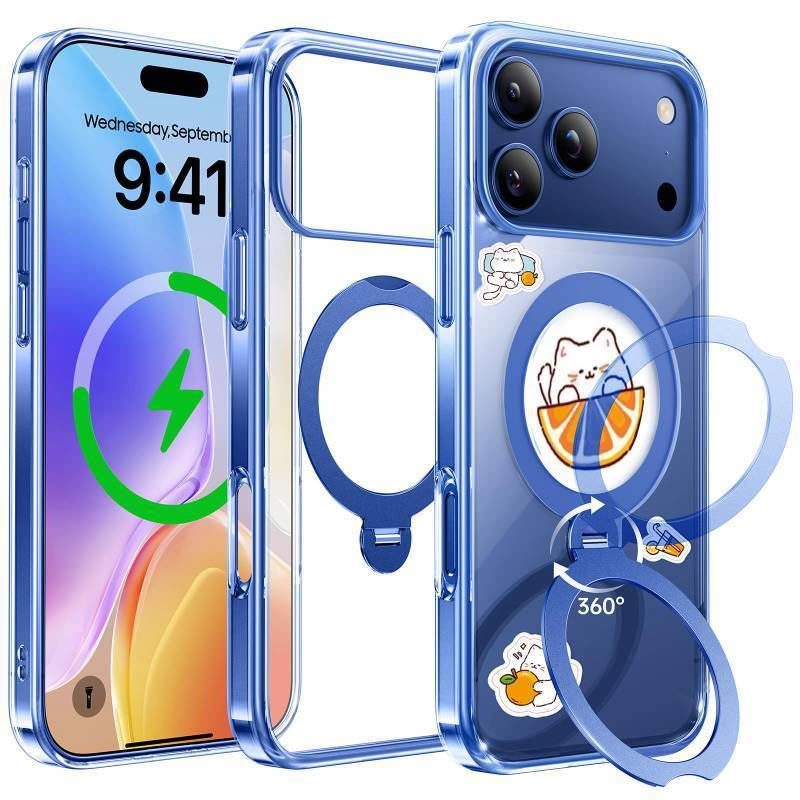 lot 51584 image: Peerock for iPhone 17 Pro Case 2025 (Compatible with MagSafe) (Military Protection) with 360° Spin Stand (DIY Cute Stickers) Anti-Yellow Clear Slim for 17 Pro Phone Case 6.3, Blue - Retail $17