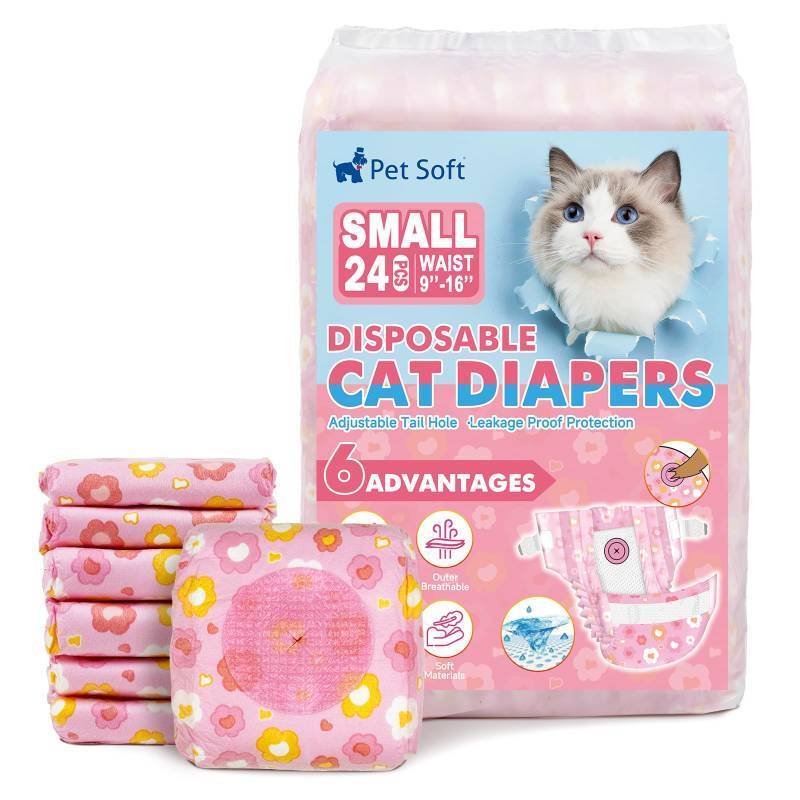 lot 55109 image: Pet Soft Disposable Cat Diapers - Diaper for Female & Male Cats, Puppy Doggie Diapers for Female Dogs with Adjustable Foam Tail Hole, Small (24Pcs, PK Flowers) - Retail $22