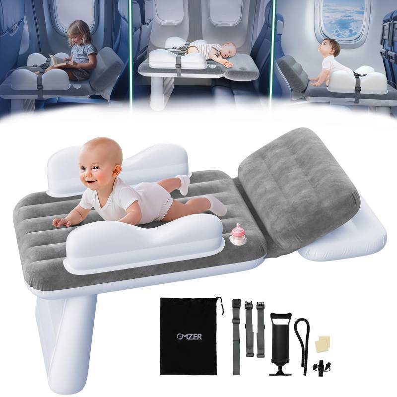 lot 55172 image: Omzer Inflatable Toddler Airplane Bed Large Airplane Seat Extender for Kids with Cup Holder & Seat Belt - Portable Baby Travel Bed with Travel Bag & Hand Pump - Retail $33