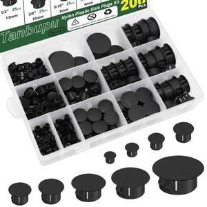lot 26734 image: Tanbupu 200Pcs 9 Sizes Nylon Plastic Hole Plugs 15 14 516 38 12 58 34 78 1Round Hole, Flush Type Panel Knockout Locking Plugs,Screw Covers for Furniture Cabinet Insert End Caps(black) - Retail $10