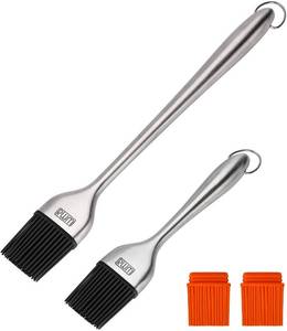 lot 26746 image: Rwm Basting Brush - Grilling BBQ Baking, Pastry and Oil Stainless Steel Brushes with Back up Silicone Brush Heads(Orange) for Kitchen Cooking & Marinating, Dishwasher - Retail $14