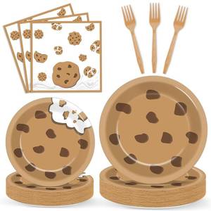 lot 26761 image: Naozinebi Milk and Cookies Birthday Party Plates Napkins Decorations Chocolate Chip Cookie Tableware Set Cookies Theme Disposable Plate Fork for Kids Boys Girls Birthday Baby Shower Supplies Serve 24 - Retail $18