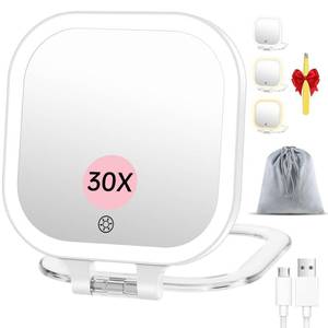 lot 26769 image: FASCINATE Rechargeable Travel Makeup Mirror 30X Magnification, Lighted Portable Vanity Mirror with 3 Colors Lighting & Stepless Dimming, Double Sided LED Mirror, Gift for Women (WhiteBag) - Retail $26