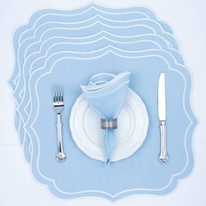 lot 32859 image: Bryonia Cotton Linen Placemats Set of 4 - Double Layered, Machine Washable, Wrinkle Resistance, Scalloped & Embroidered Cloth Table Mats - Wedding, Easter Mat, Giftable, 19 x 17 inch, Light Blue - Retail $50