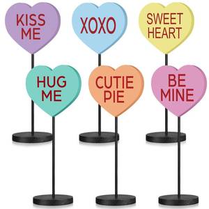 lot 32861 image: Geetery 6 Pieces Valentines Day Heart Wooden Sign Conversation Heart Decor Sweetheart Table Centerpiece Valentines Decoration Love Shape Tall Standing Block Sign Set for Wedding Party Favor Supplies - Retail $18